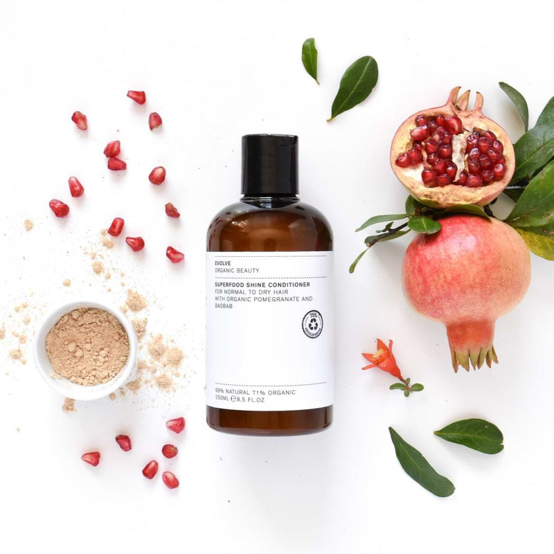 Superfood Shine Conditioner with pomegranate and leaves 